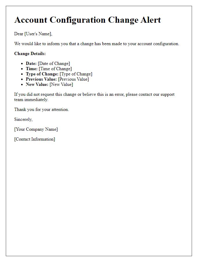 Letter template of account configuration change alert