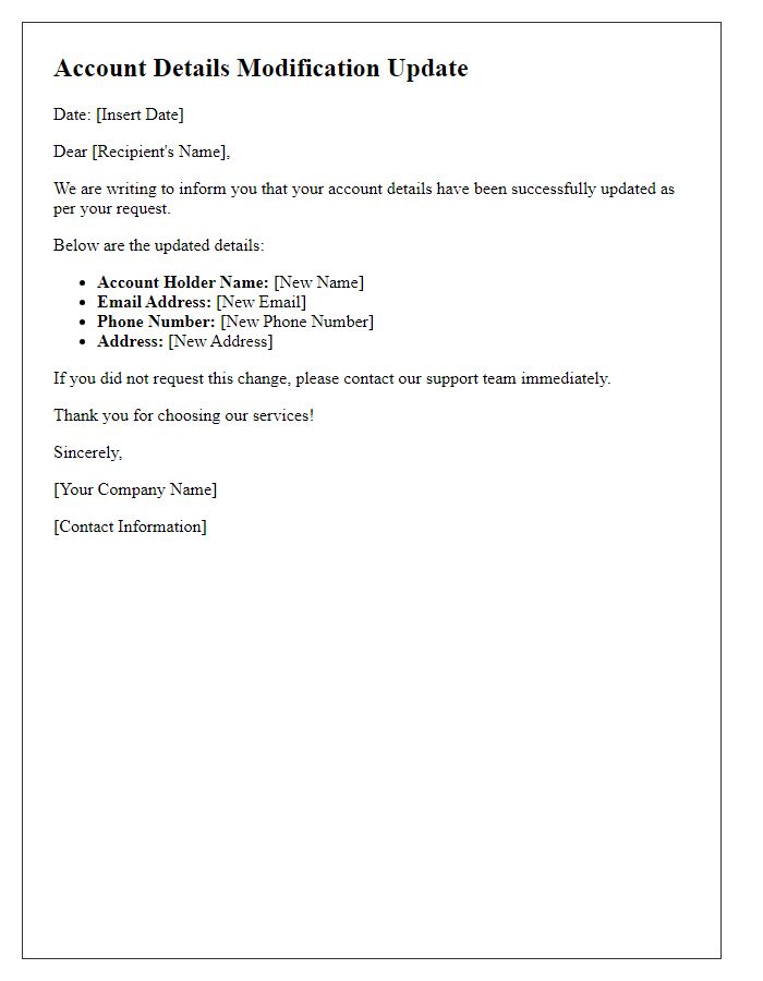 Letter template of account details modification update