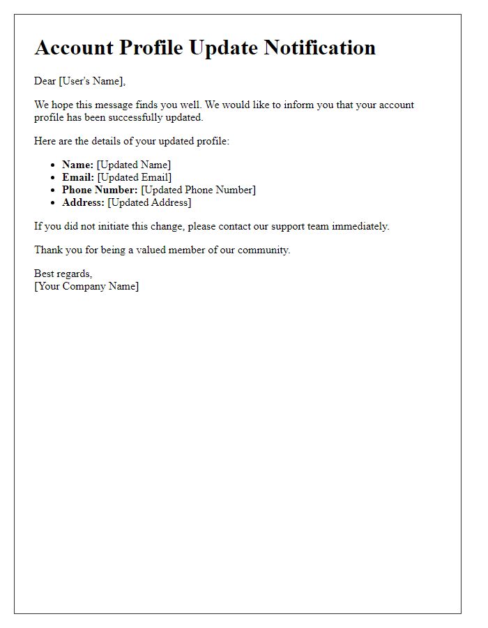 Letter template of account profile update message