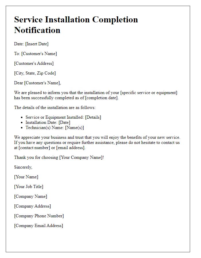 Letter template of service installation completion