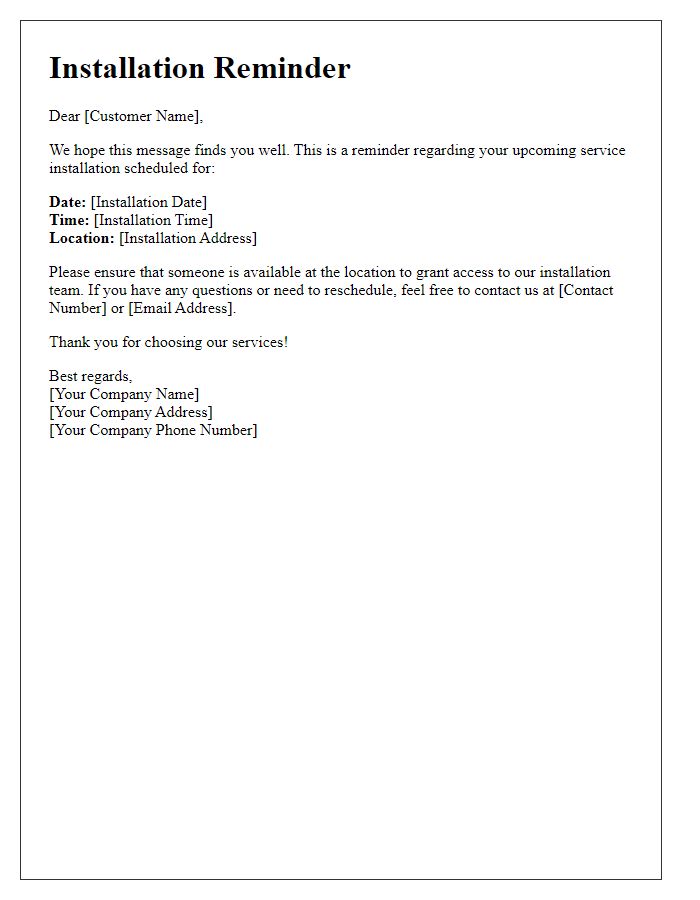 Letter template of service installation reminder