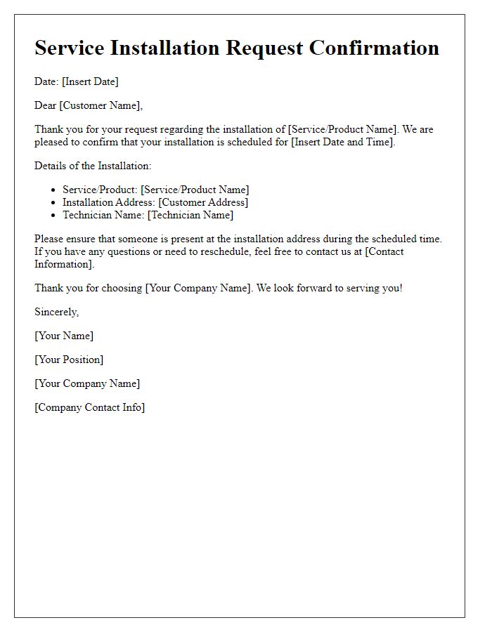 Letter template of service installation request confirmation