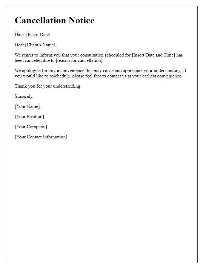 Letter template of cancellation notice for client consultation.