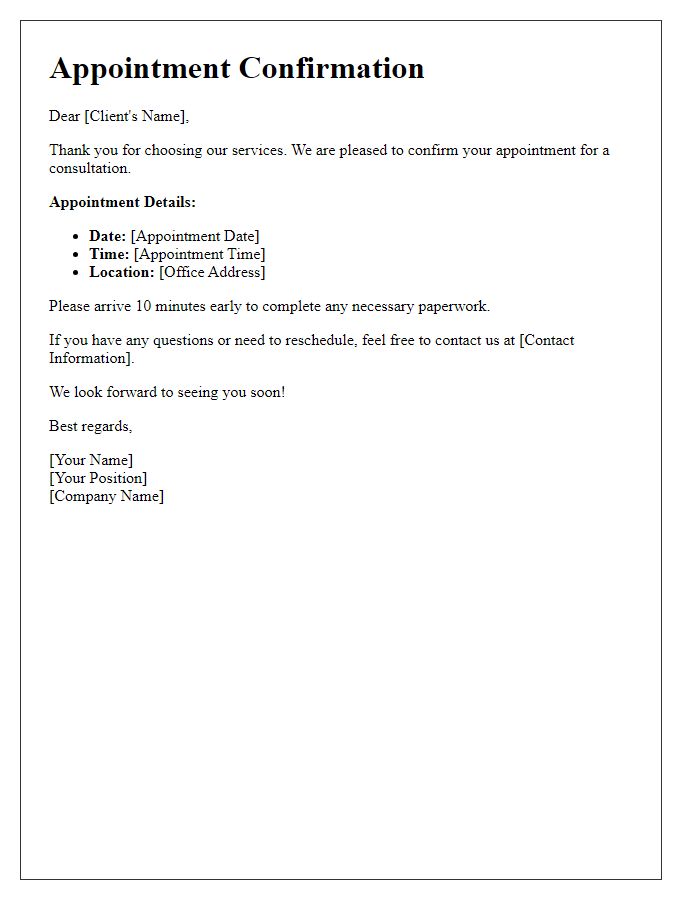 Letter template of client appointment scheduling for consultation.