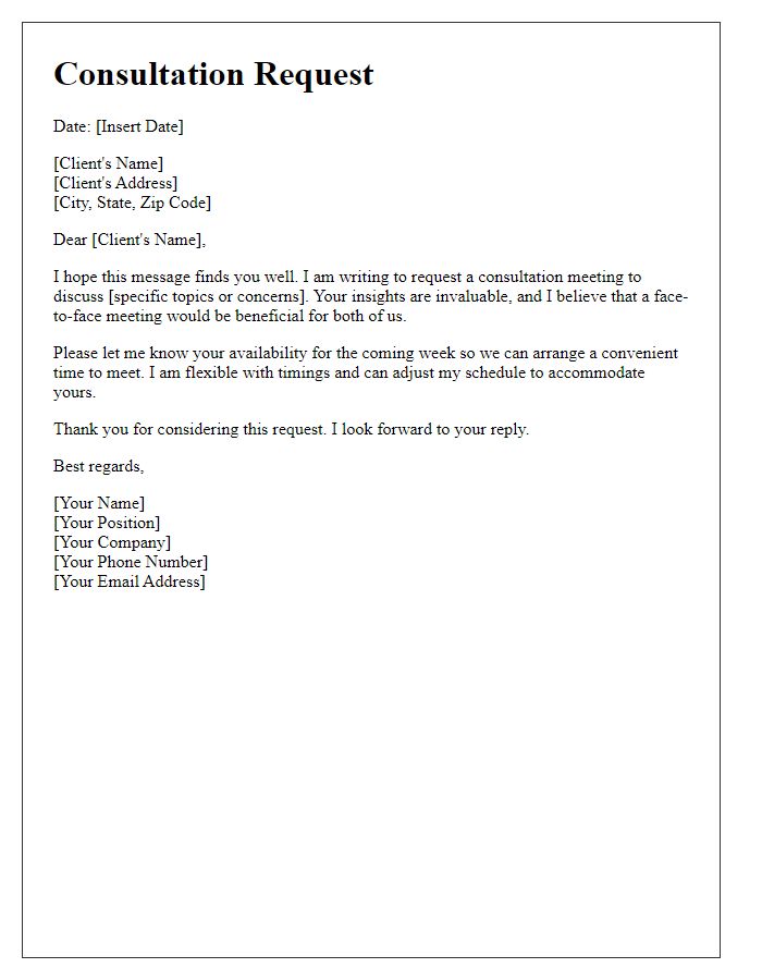 Letter template of consultation request for client meeting.