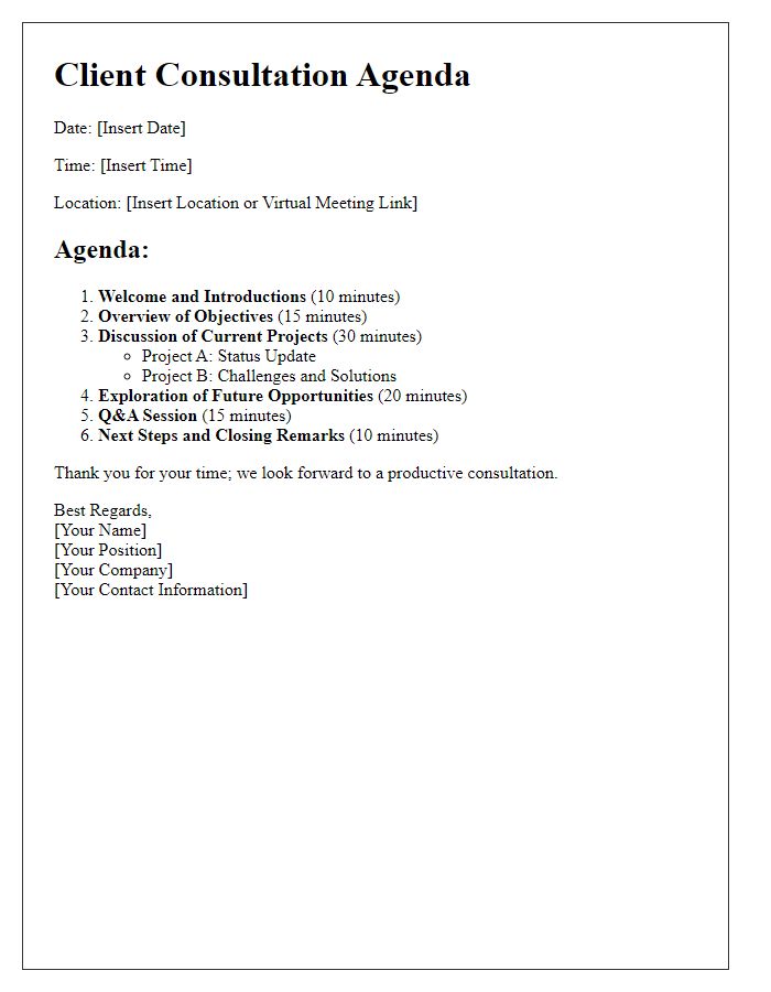 Letter template of detailed agenda for client consultation.