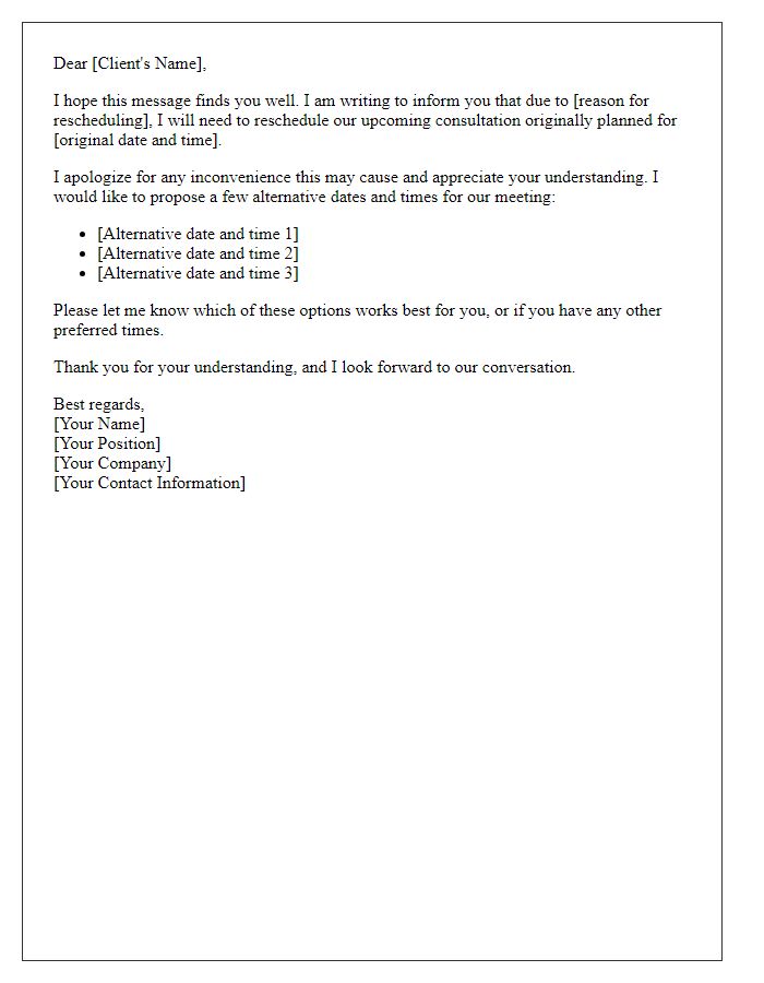 Letter template of rescheduling client consultation appointment.