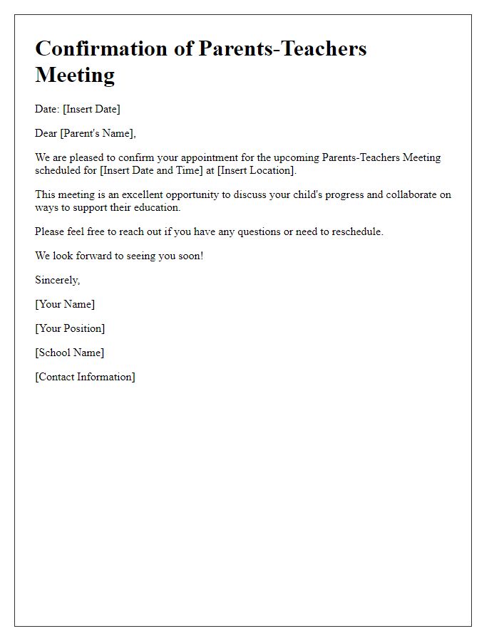 Letter template of Confirmation for Parents-Teachers Meeting