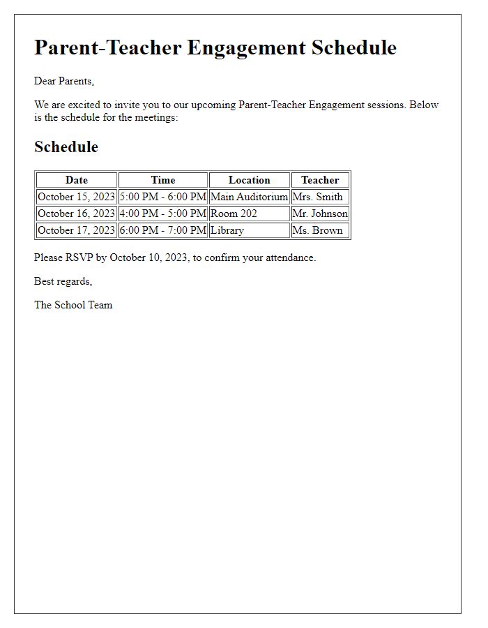 Letter template of Schedule for Parent-Teacher Engagement