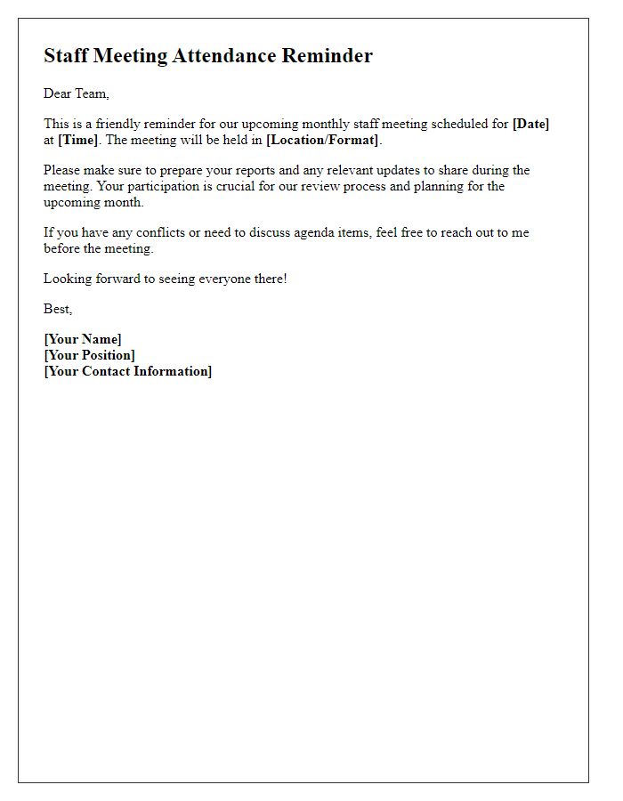 Letter template of Staff Meeting Attendance Reminder for Monthly Reviews