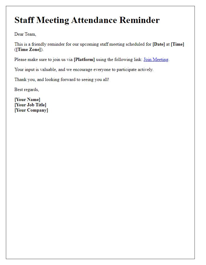 Letter template of Staff Meeting Attendance Reminder for Remote Employees
