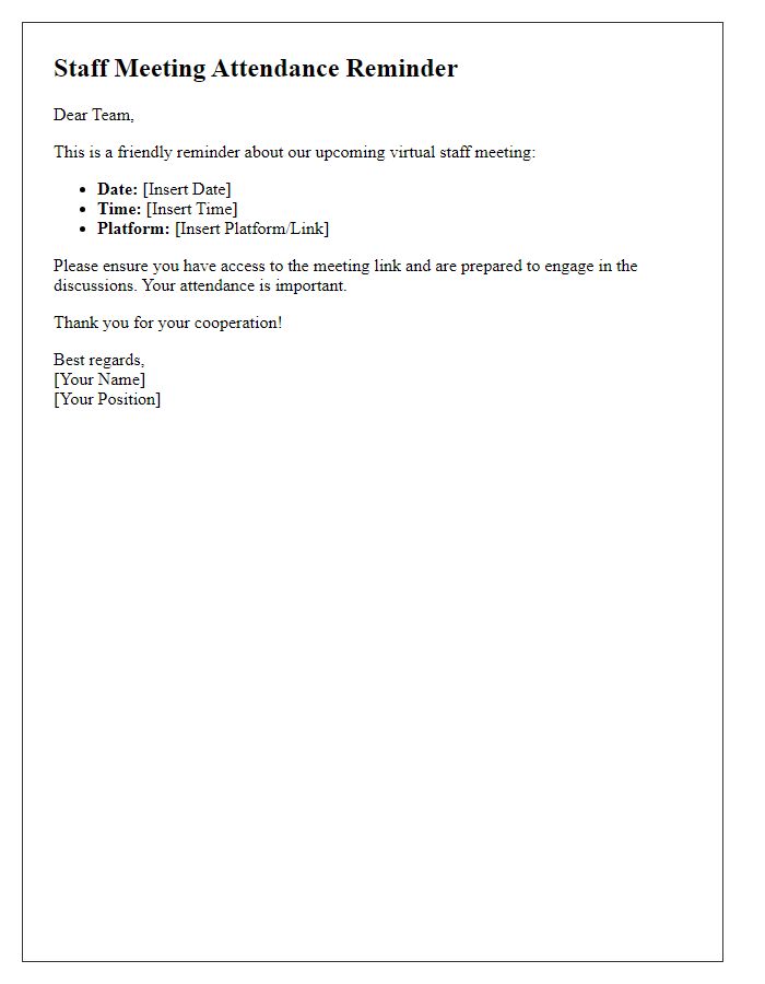 Letter template of Staff Meeting Attendance Reminder for Virtual Meetings