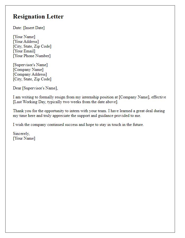 Letter template of resignation from a corporate internship.