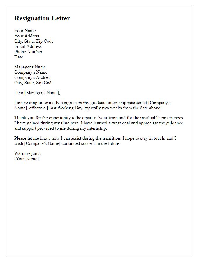 Letter template of resignation from a graduate internship.