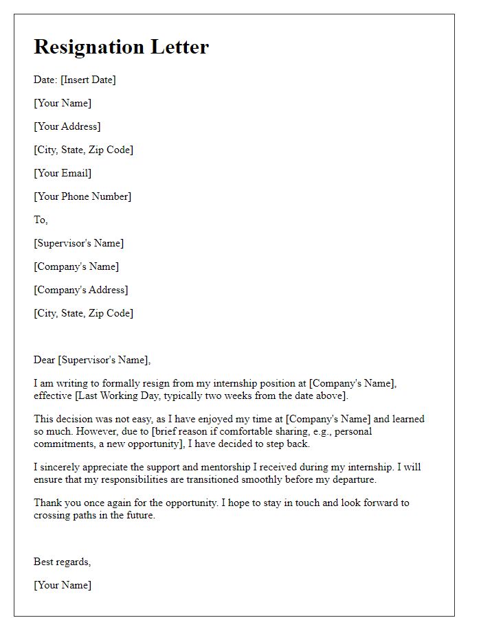 Letter template of resignation from an internship program.