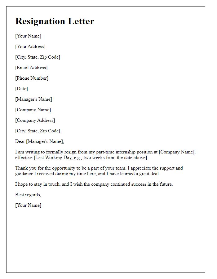 Letter template of resignation from a part-time internship.