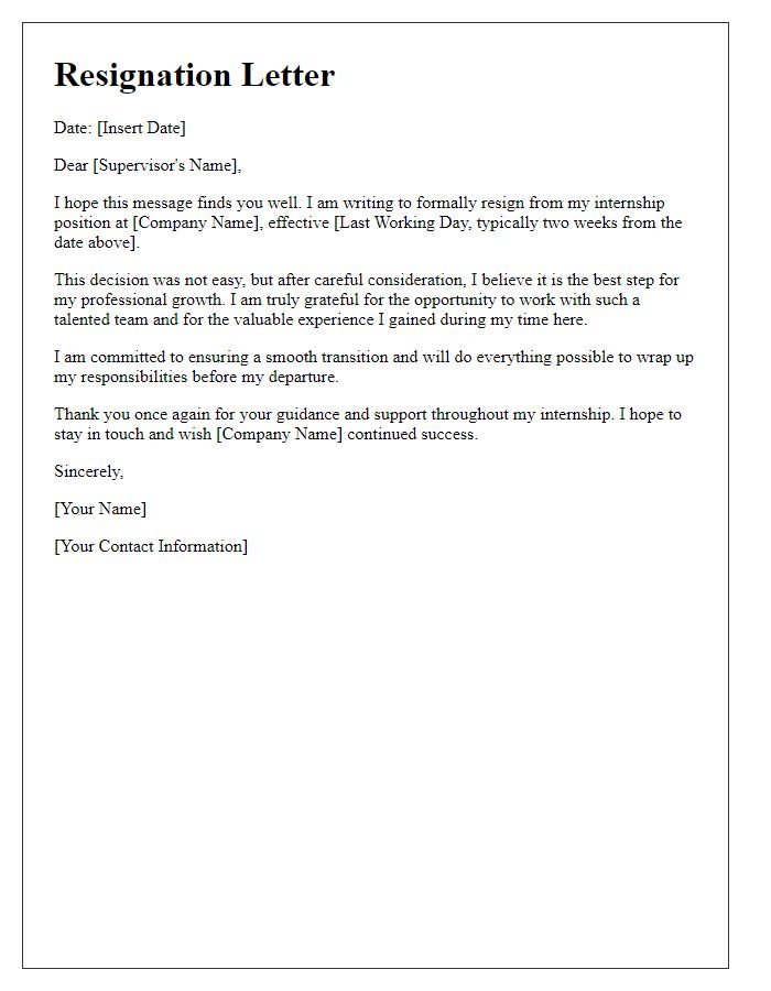 Letter template of resignation from a remote internship position.