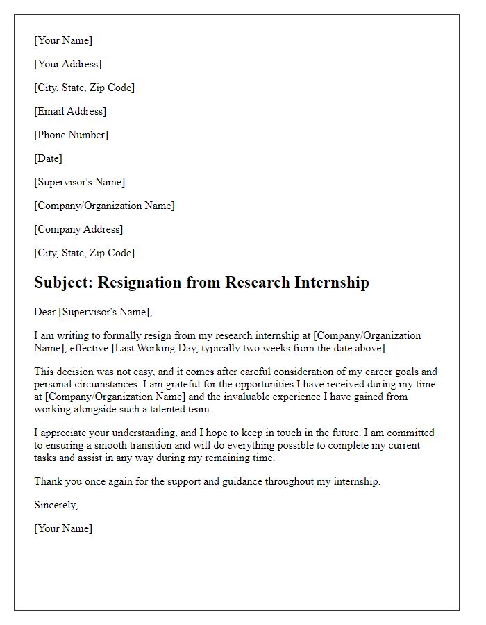 Letter template of resignation from a research internship.