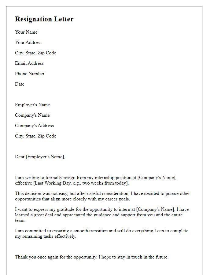 Letter template of resignation from a summer internship.