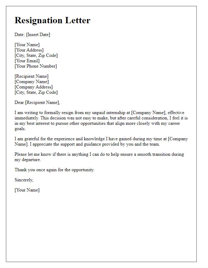 Letter template of resignation from an unpaid internship.