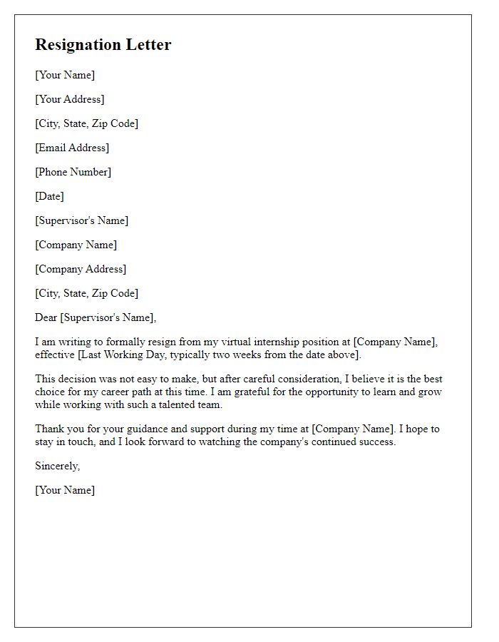 Letter template of resignation from a virtual internship.