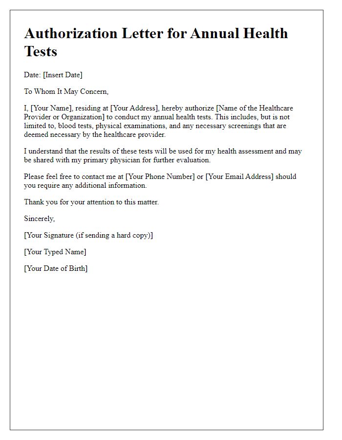 Letter template of authorization for annual health tests