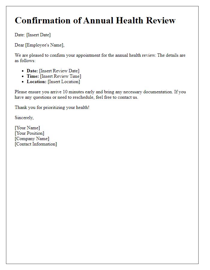 Letter template of confirmation for annual health review