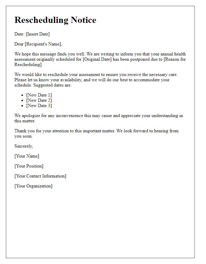 Letter template of rescheduling annual health assessment