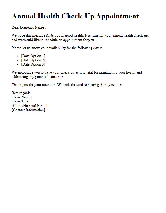 Letter template of scheduling annual health check-up