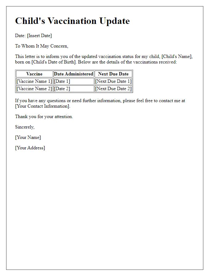 Letter template of child's vaccination updates for health tracking.