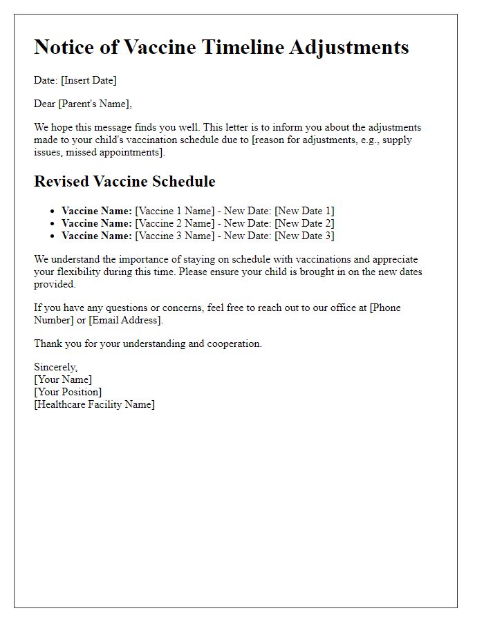 Letter template of child's vaccine timeline adjustments.