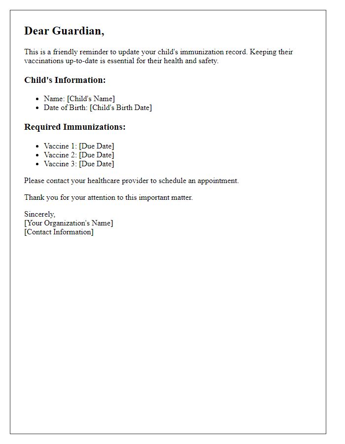 Letter template of immunization record reminder for guardians.