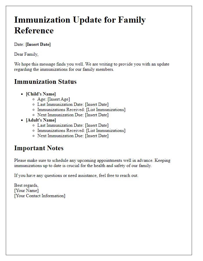 Letter template of immunization updates for family reference.