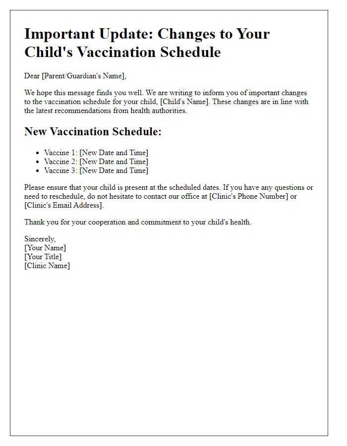 Letter template of scheduled vaccination changes for children.