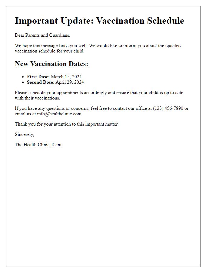 Letter template of vaccination schedule update for parents.