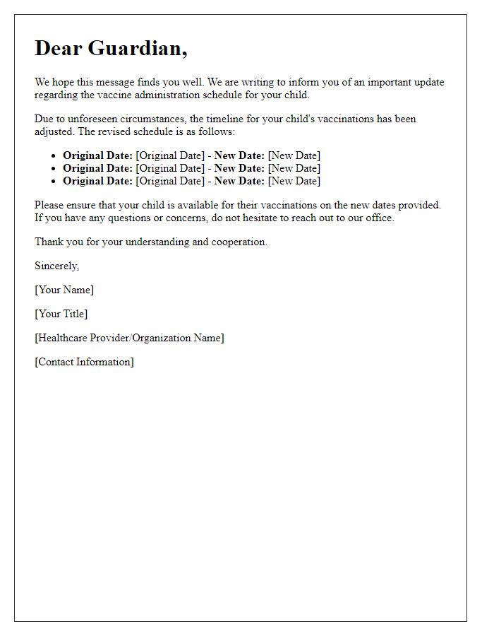 Letter template of vaccine timeline alteration for guardians.