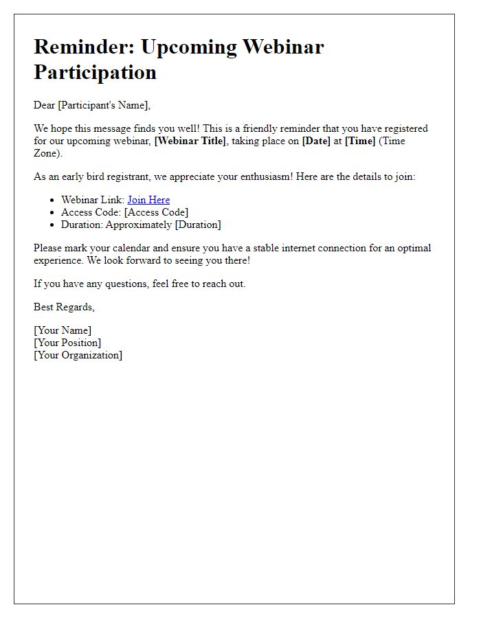 Letter template of webinar participation reminder for early bird registrants