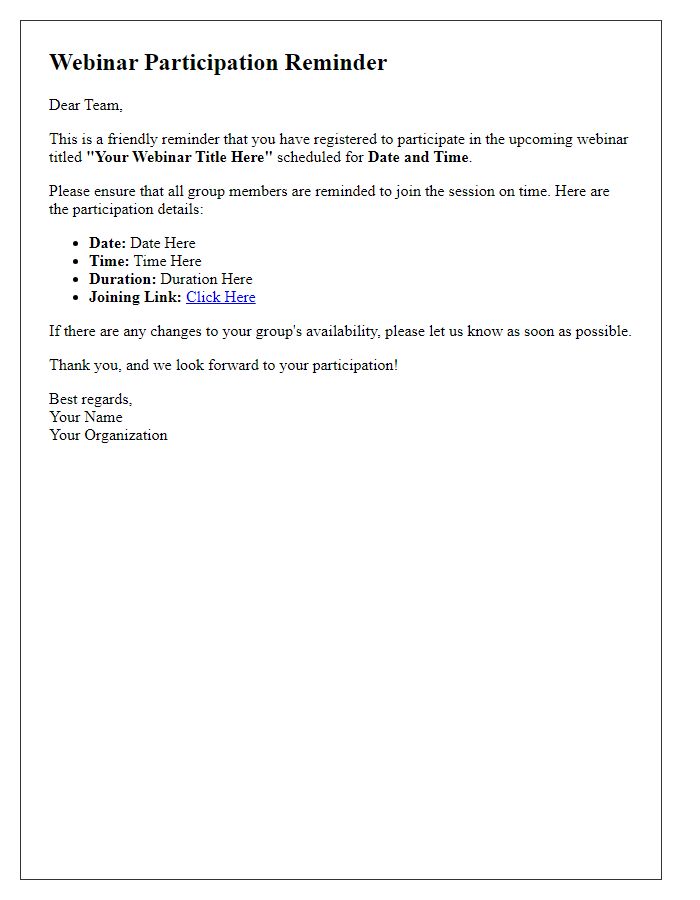 Letter template of webinar participation reminder for group registrations