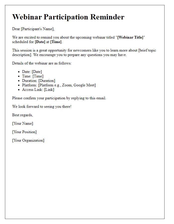 Letter template of webinar participation reminder for newcomers