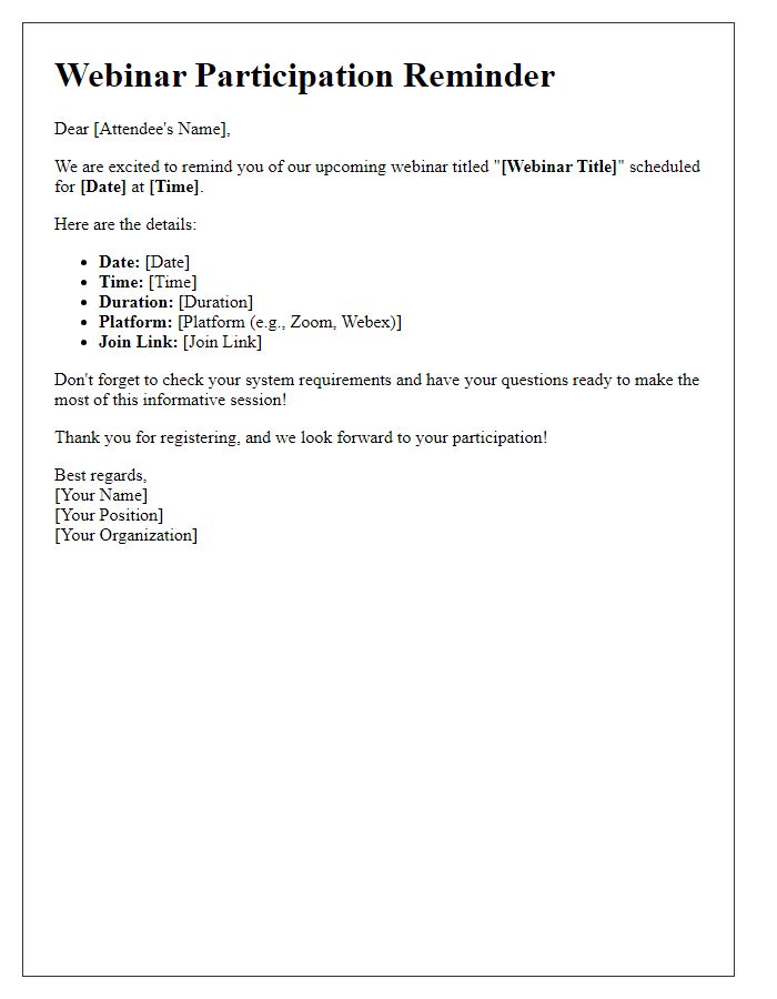 Letter template of webinar participation reminder for registered attendees