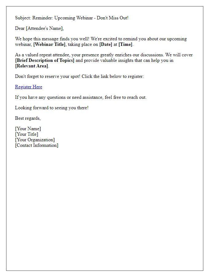 Letter template of webinar participation reminder for repeat attendees
