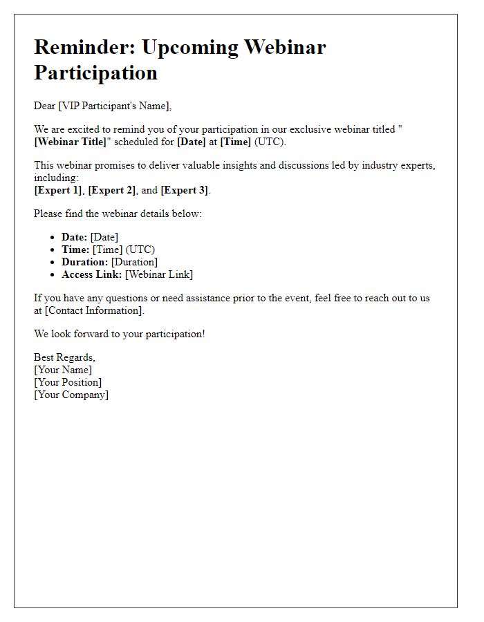 Letter template of webinar participation reminder for VIP participants