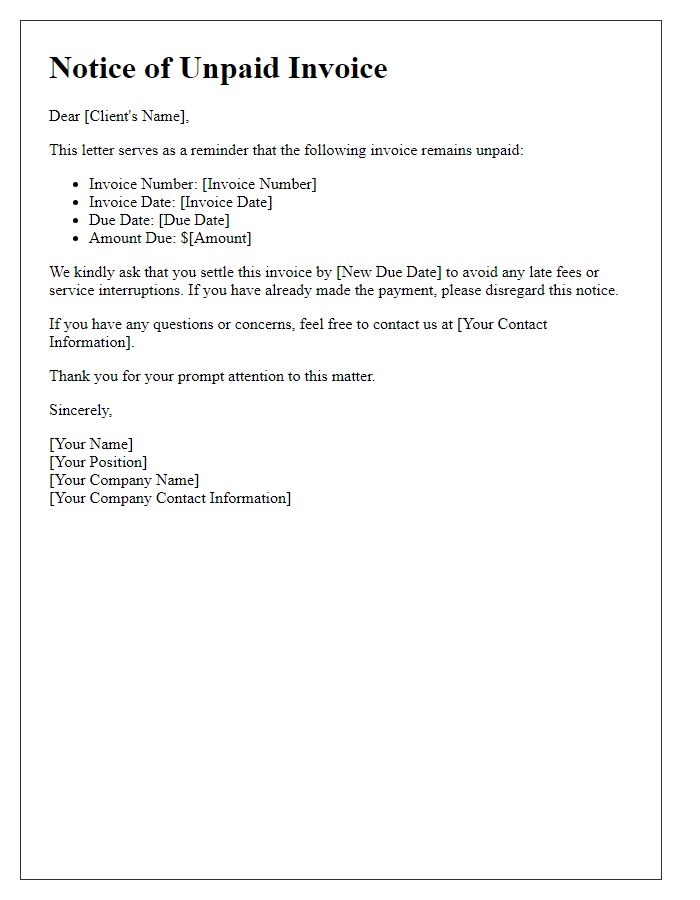 Letter template of notice for unpaid invoice settlement.