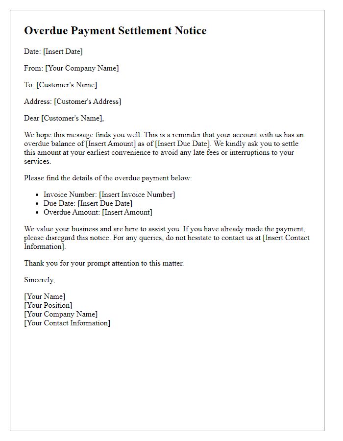 Letter template of overdue payment settlement notice.