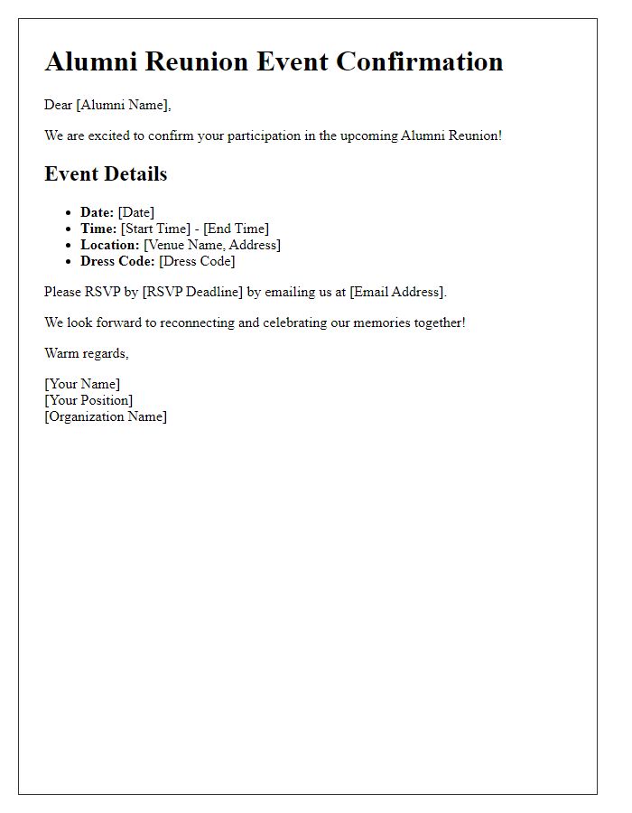 Letter template of alumni reunion event details confirmation