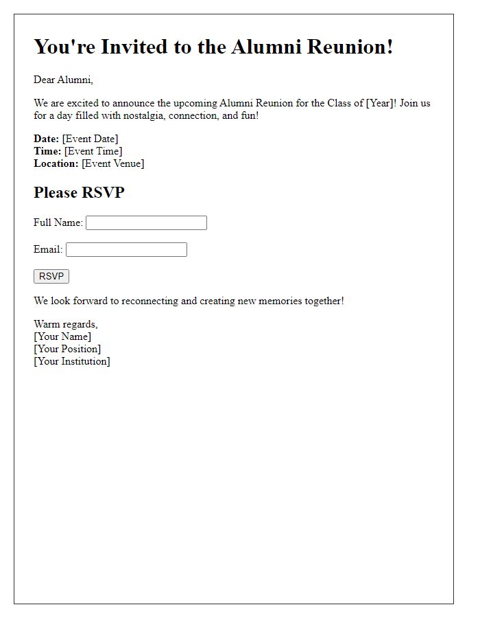 Letter template of alumni reunion event RSVP request