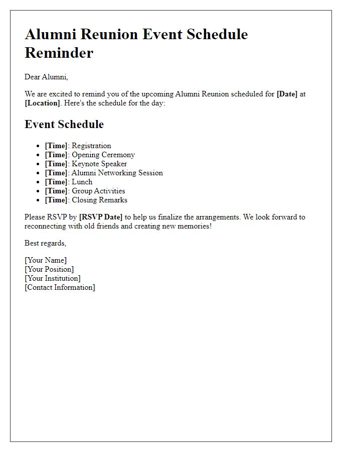 Letter template of alumni reunion event schedule reminder