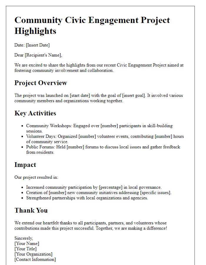 Letter template of civic engagement project highlights