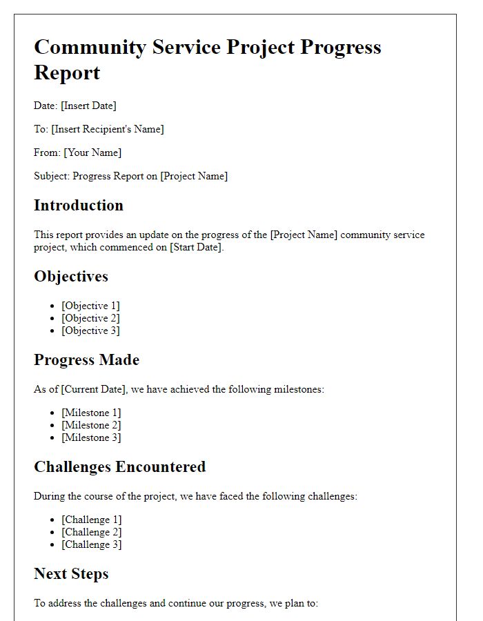 Letter template of community service project progress report