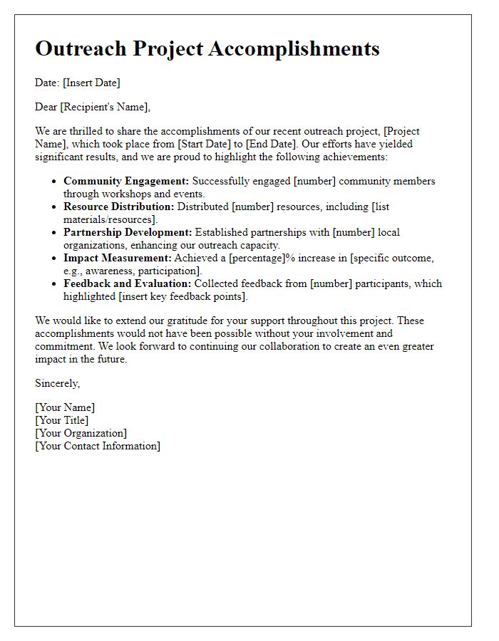 Letter template of outreach project accomplishments